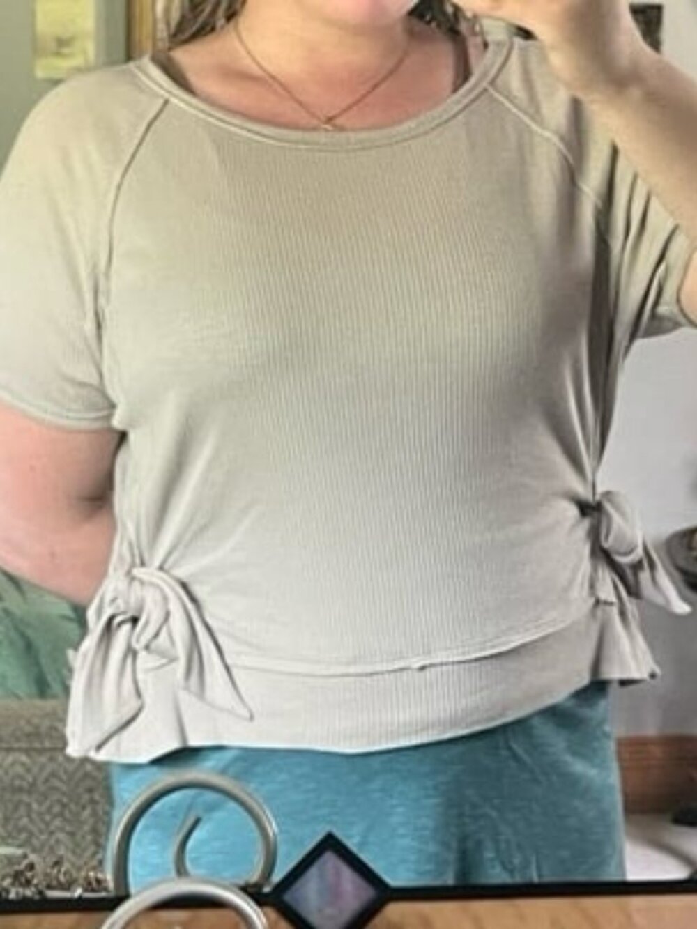 Anthro Marjorie Cotton Modal Blend Beige Ribbed Cinch Waist Blouse Size Large